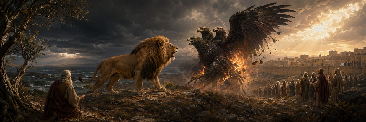 A lion confronts the collapsing imperial eagle as Ezra witnesses the vision and the oppressed await deliverance